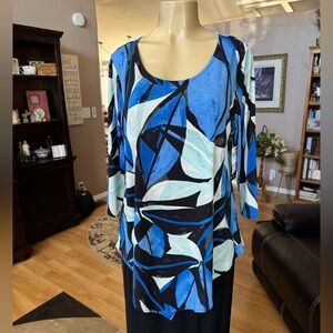 Alfani blue & black abstract 3/4 sleeves scoop neckline blouse-size 0X-NWT